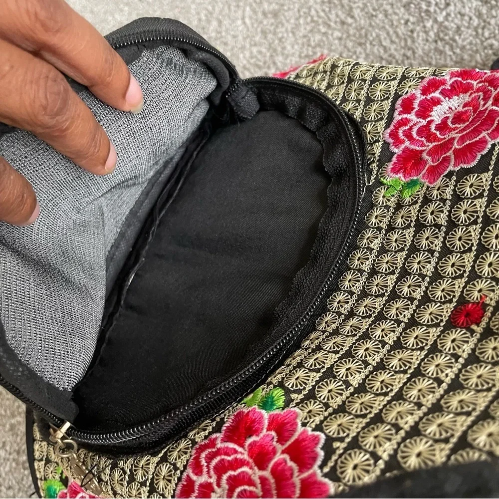 Embroidered Floral Small Backpack Drawstring Flap Over Fabric Ethnic Heritage
